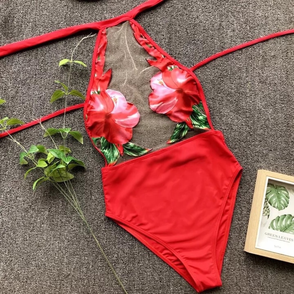 Red Floral & Mesh Swimsuit - Picture 2 of 6